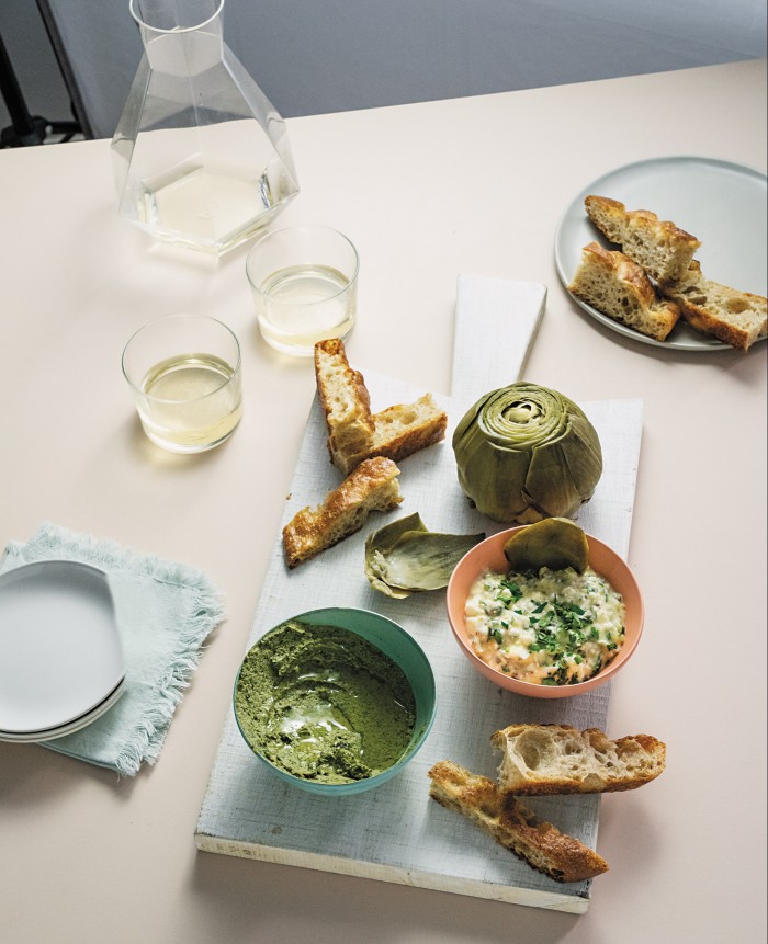 Recipes from Snacks For Dinner, including (clockwise from bottom left) dill and white-bean spread, focaccia and cottage-cheese gribiche