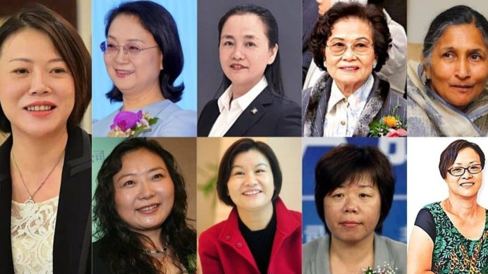 Female Asian billionaires: Clockwise from left: Yang Huiyan (China), Zhong Huijuan (China), Fan Hongwei (China), Kwong Siu-hing (Hong Kong), Savitri Jindal (India), Lam Wai Ying (China/Hong Kong), Wang Laichun (China), Zhou Qunfei (China), Wu Yajun (China)