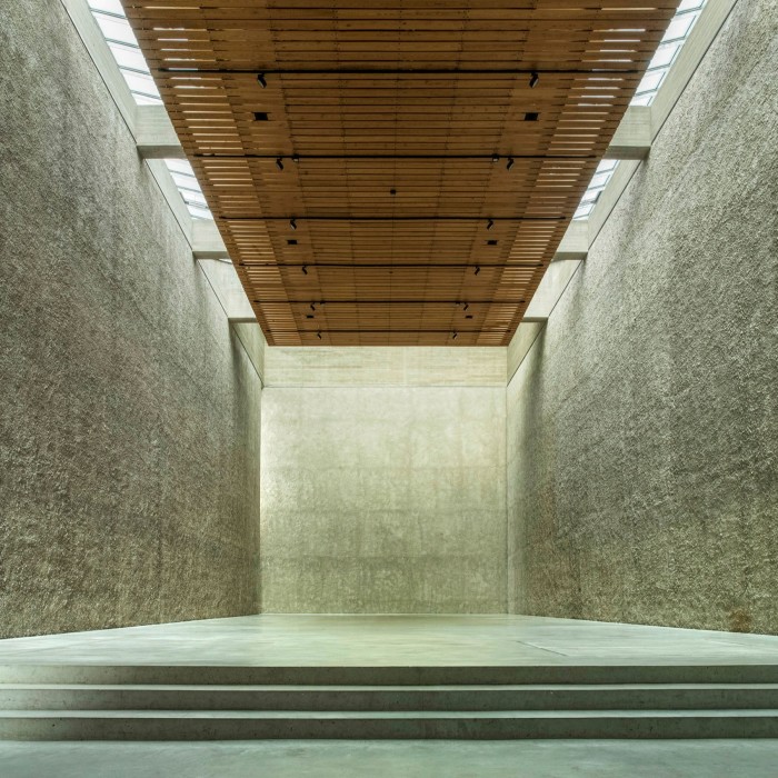 The interior, which looks like the inside of a concrete block, but more refined
