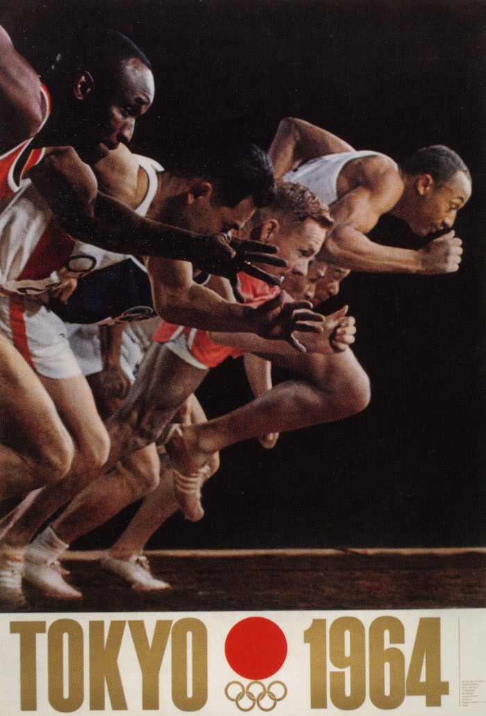 A poster for the men’s 100m at the 1964 Tokyo Olympics