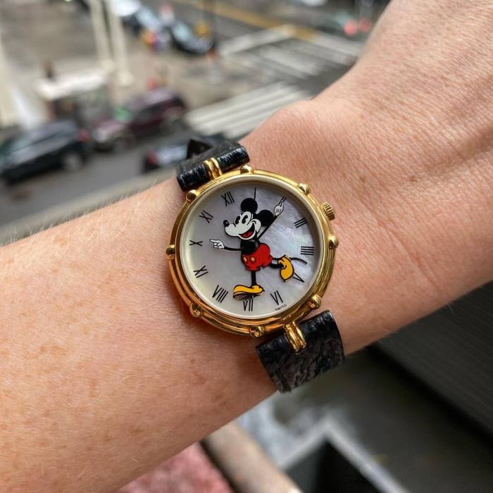 Wallner wears a 1990s Gérald Genta Mickey Mouse watch