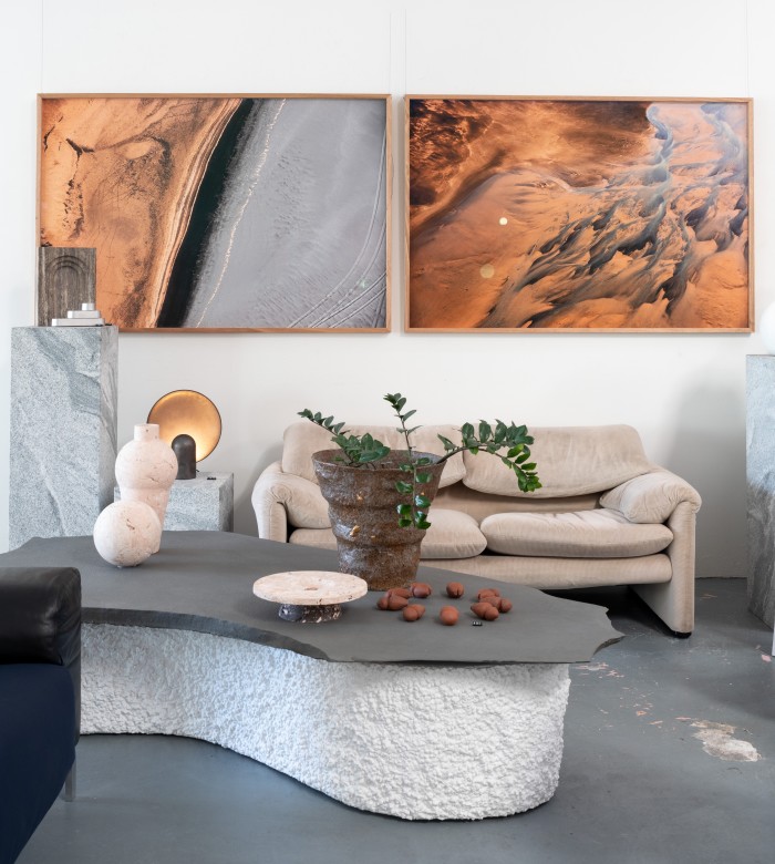 Mineral Matter X and Mineral Matter IV by Brooke Holm, from about £1,079, hang above a vintage Maralunga sofa by Vico Magistretti