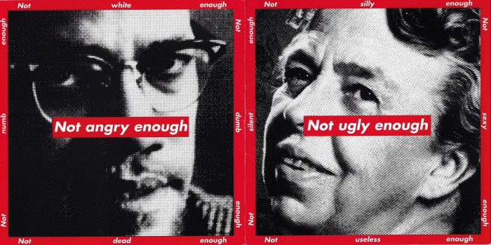  Catalogue cover composed of close-up photos of two men one with the words ‘Not ugly enough’ and the other with ‘Not angry enough’ stamped over their face