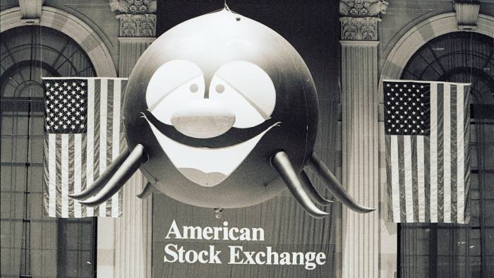A giant inflatable spider over the trading floor of the American Stock Exchange