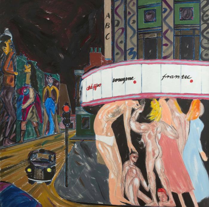 Oil painting of people nude or in their bathing costumes huddling under a cinema’s awning