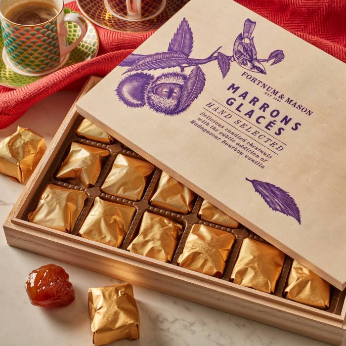 Fortnum & Mason’s marrons glacés are made in France and wrapped in gold foil (from £27.95 for eight)