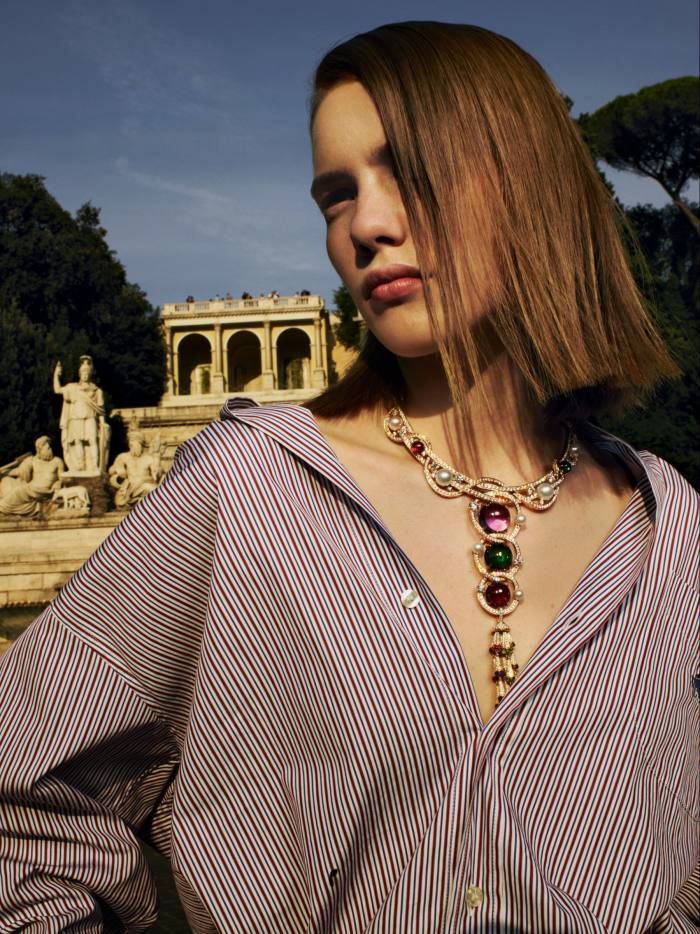 Etro cotton shirt, £305. Bulgari Barocko gold, amethyst, tourmaline, pearl, rubellite and diamond Gem Constellation necklace, POA 
