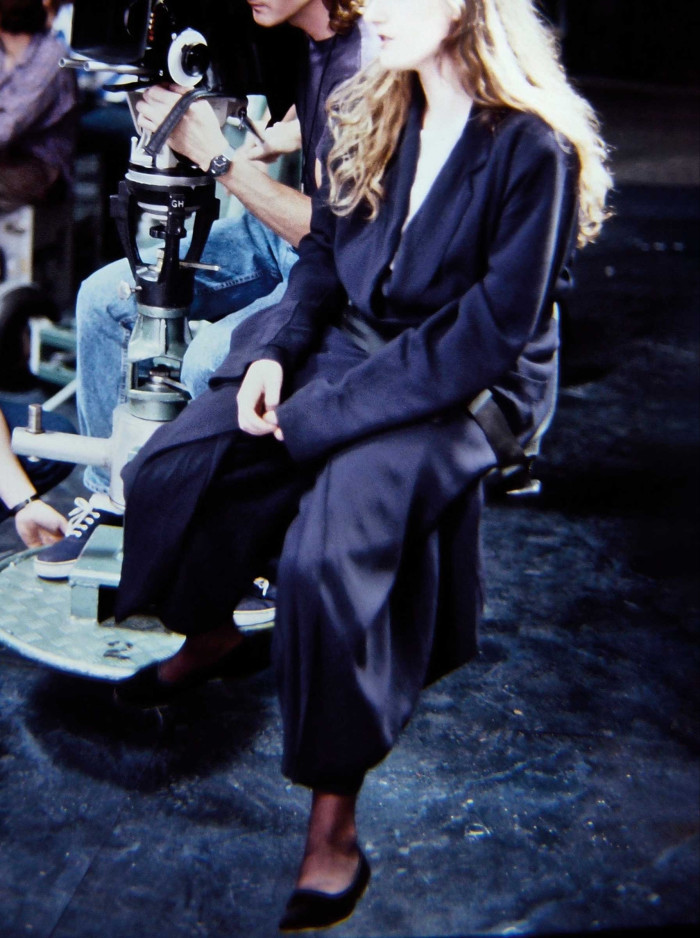 Joanna Hogg wears Yohji Yamamoto on the set of Flesh + Blood in 1987