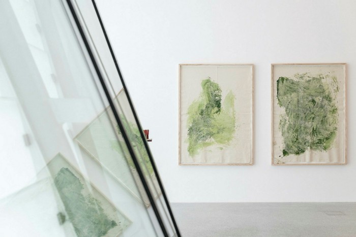 Works from Kagge’s Collection include ‘Untitled (Green #2), (Green #1)’, (2013) by Ann Cathrin November Høibo, installation view at Museion, Bolsano 