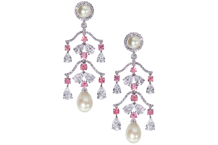 Moussaieff white-gold earrings with pink and white diamonds and pearls, price on request