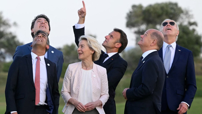 G7 leaders Rishi Sunak, Justin Trudeau, Emmanuel Macron, Olaf Scholz, Joe Biden, and Ursula von der Leyen, in Fasano in Apulia, Italy, in June