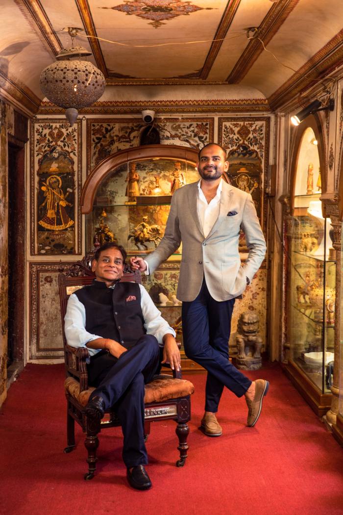 Krishna Choudhary and his father Santi in a side gallery at the haveli