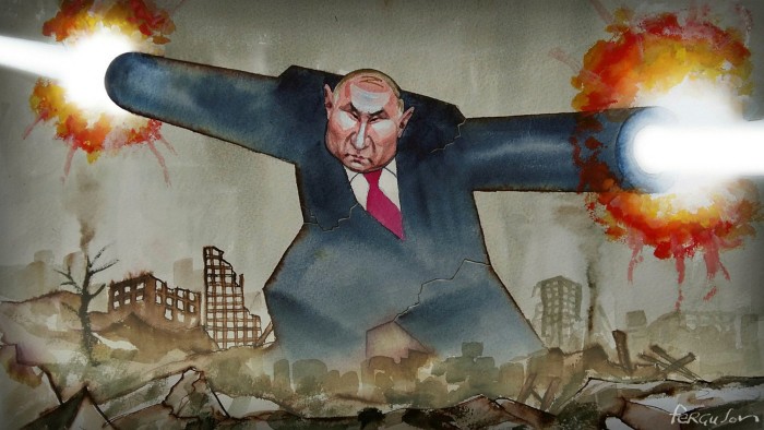 James Ferguson illustration of Putin standing as a giant over the ruins of a city, with both of his outstretched arms as cannons with muzzle flashes 