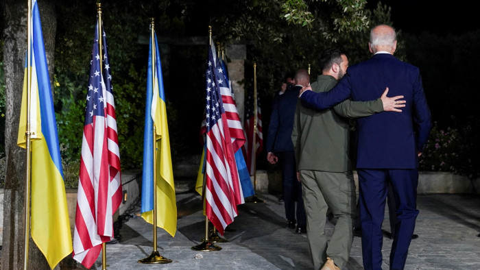 Ukraine’s President Volodymyr Zelenskyy with US President Joe Biden at the G7 summit in Italy on Thursday 