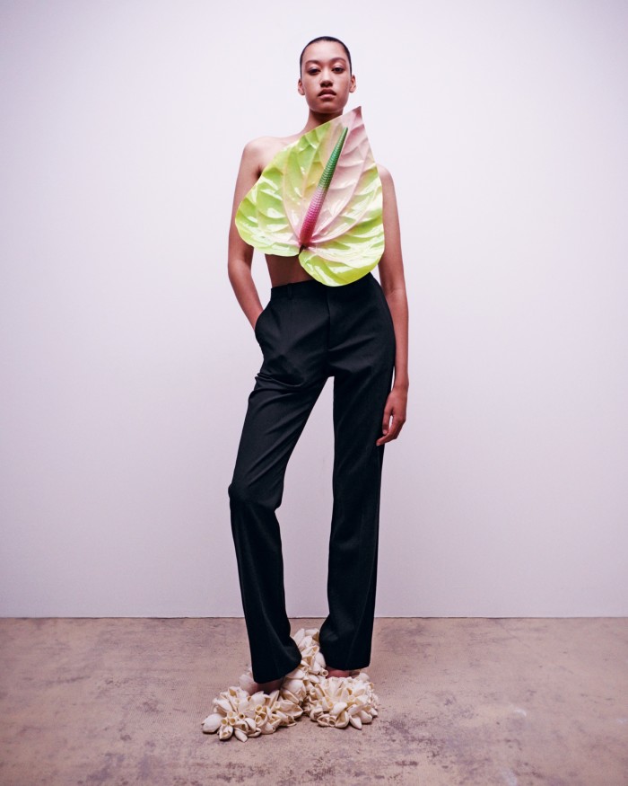 Loewe steel and brass Anthurium flower top, POA, wool tailored trousers, £825, and satin Comic Balloon pump 90 shoes, £1,400