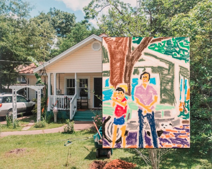 A child-like drawing of a family is superimposed on a vintage photograph of a suburban street