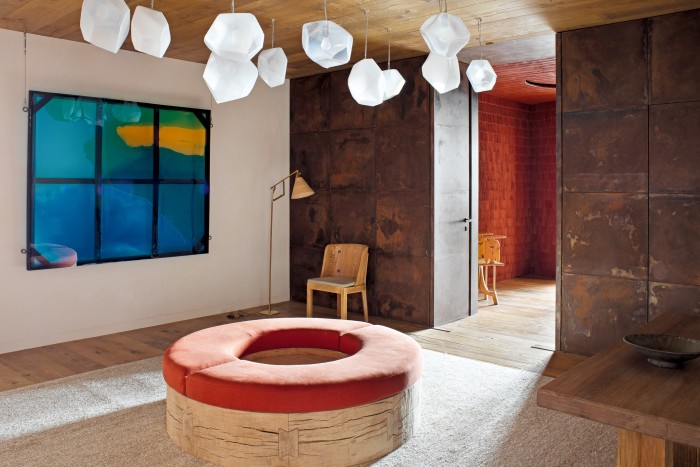 Pierre Yovanovitch’s design for a chalet in Andermatt, Switzerland, features his Donut bench, $45,000