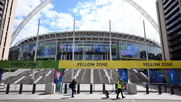 Preparations are under way at the entrance areas outside Wembley Stadium on May 29, 2024, the venue for the UEFA Champions League final football match between Borussia Dortmund and Real Madrid