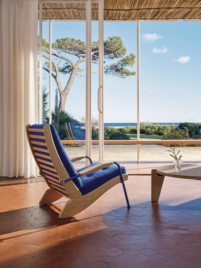 The limited-edition Vitra Jean Prouvé Fauteuil Kangourou in Bleu Marcoule, to be sold online priced £3,610
