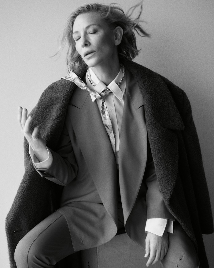 Blanchett wears Louis Vuitton double-breasted wool coat, £4,000, wool blazer, £2,330, and matching trousers, £1,460, cotton/silk shirt, £1,460, silk tie, £275, and white- and yellow-gold and diamond Fantasy necklace and ring. Throughout: Louis Vuitton high jewellery, POA, from the Spirit collection