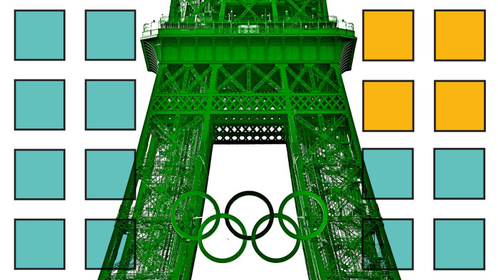 Montage of a green Eiffel tower and the Olympics logo
