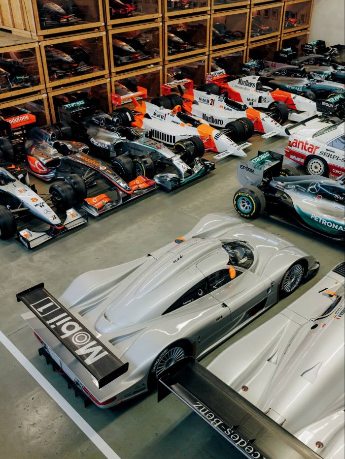 Historic Mercedes-Benz racing cars in the motorsport hall