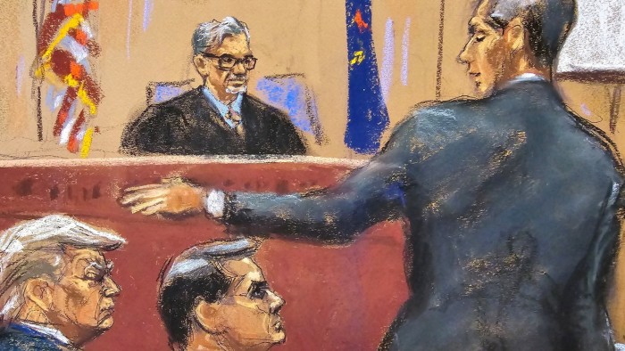 A courtroom sketch shows Donald Trump, left, listening as assistant district attorney Matthew Colangelo gives his opening statement to the jury