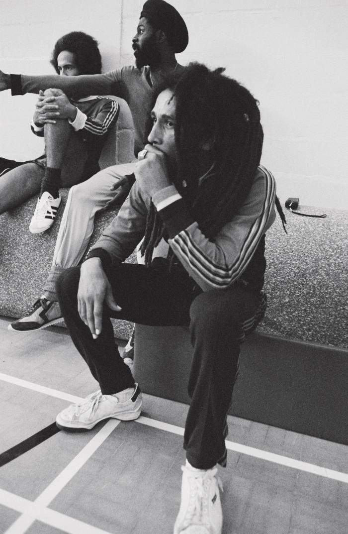 Bob Marley wears an Adidas top at a football match in London, July 1980