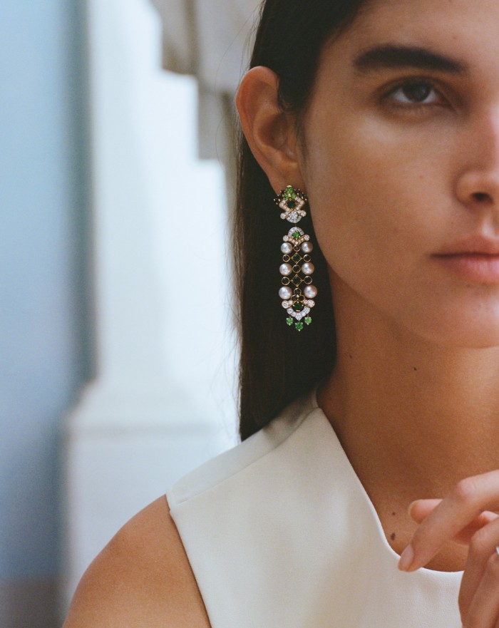 White- and rose-gold, diamond, emerald, tsavorite-garnet, black-spinel and cultured-pearl Carriera earrings. Stella McCartney stretch cady gown, £1,550