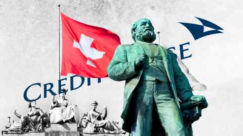 A Swiss flag behind the statue of industrialist Alfred Escher, and the Credit Suisse logo