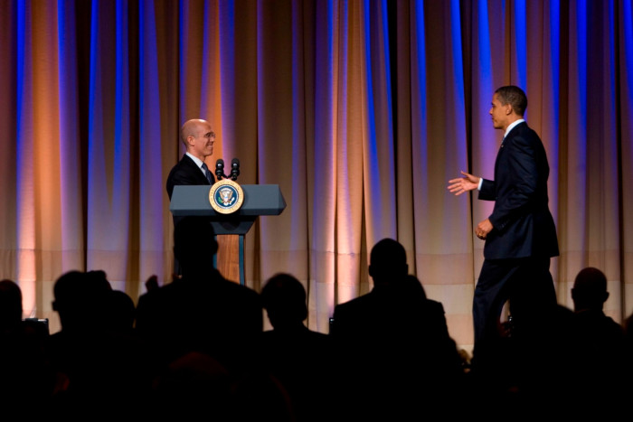 Jeffrey Katzenberg welcoming Barack Obama on stage