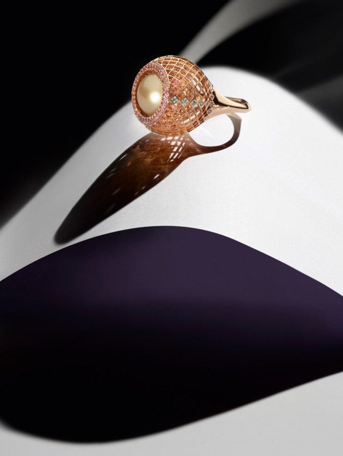 Rose-gold, pink and orange sapphire, pink and green diamond and South Sea pearl Orb ring, $80,000