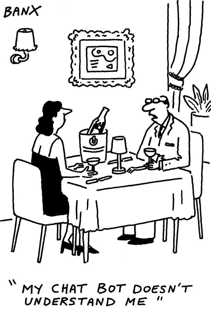 Cartoon of a man and woman seated at a restaurant table with two glasses and a bottle of wine