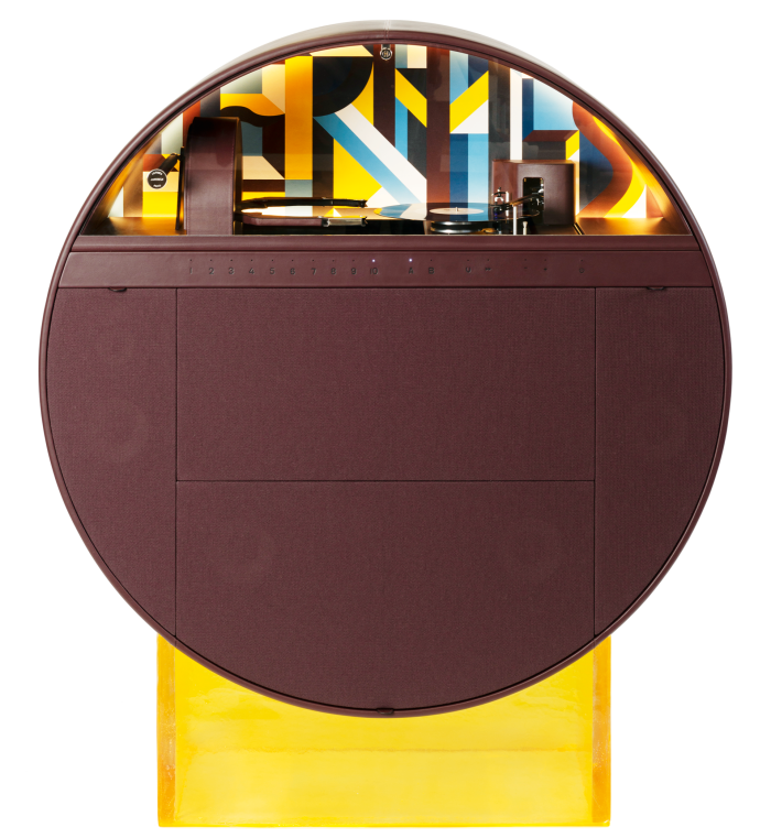 The circular Hermès jukebox with leather marquetry, acoustic canvas and Murano-glass base
