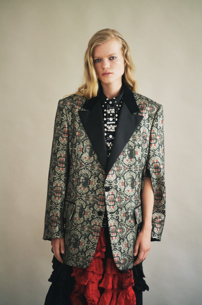 Max out. Tailoring takes on a new dimension when it’s worn in a rich brocade. Madeleine wears Louis Vuitton x Fornasetti Lurex jacket, £4,200, and velvet studded shirt, £2,800. Marni silk skirt, POA
