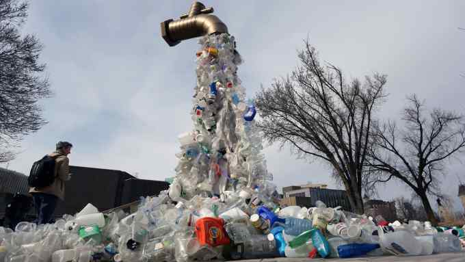 The ‘Giant Plastic Tap’ sculpture outside the fourth session of the UN Intergovernmental Negotiating Committee on Plastic Pollution in Ottawa, Canada