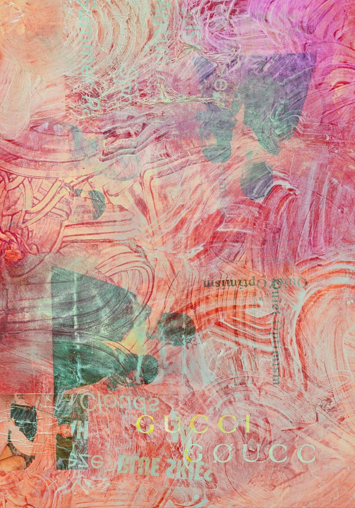 A collage image featuring text and photography, partially obscured by washes of pink and orange paint