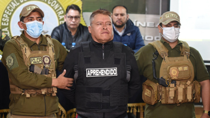 Bolivian General Juan José Zúñiga, centre, is presented following his arrest by the authorities for a coup attempt in La Paz, Bolivia 