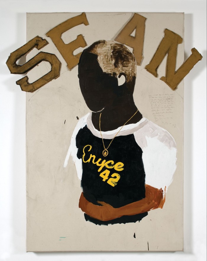Painting of a man’s head and baseball shirt under the letters SEAN