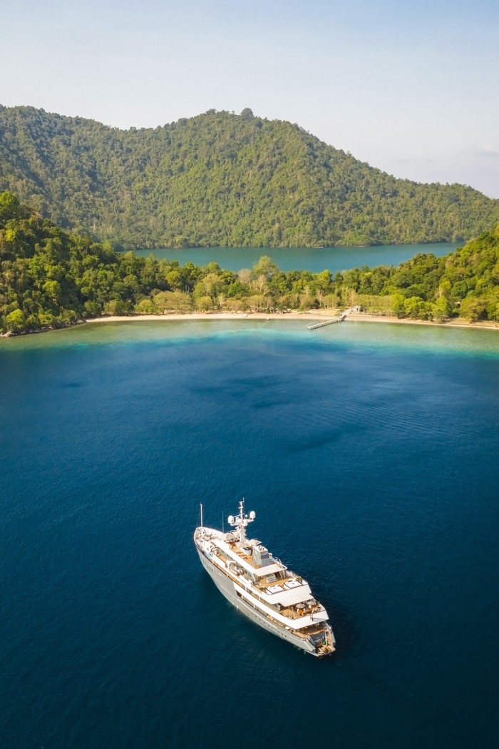 The 60m, five-deck Aqua Blu anchored off Satonda island