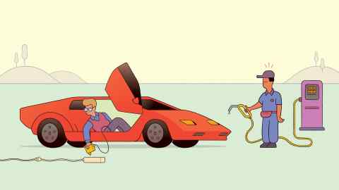 An illustration shows a bemused petrol station attendant as a driver in an electric car plugs their vehicle in