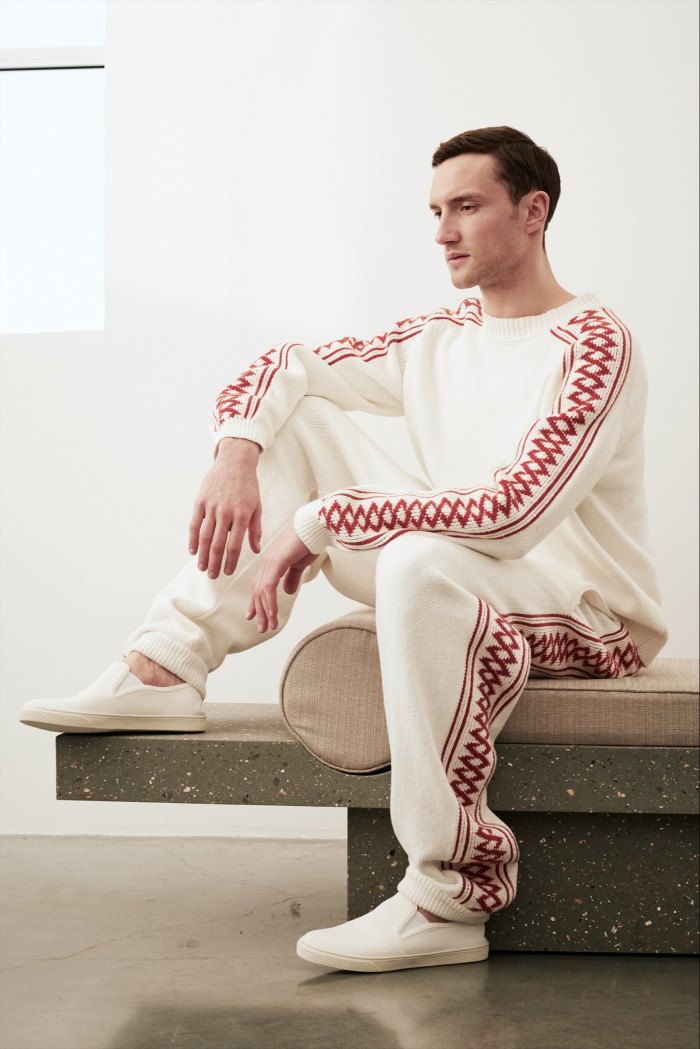 Cotton jumper, £565, matching trousers, £800, and canvas shoes, £290