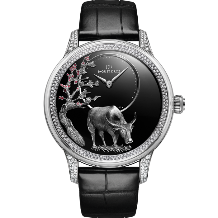 Jaquet Droz Ateliers d’Art collection Petite Heure Minute Relief Buffalo: hand-engraved and hand-painted 18ct white-gold buffalo and tree relief appliqués (tree set with 27 rubies) in an 18ct white-gold case, set with 272 diamonds, £72,600. Limited edition of eight