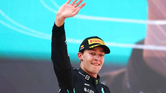 George Russell of Great Britain and Mercedes celebrates on the podium during the F1 Grand Prix of Spain at Circuit de Barcelona-Catalunya