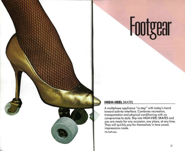 Advert for high-heel skates featuring a woman’s foot in a gold high-heel shoe with rollerskate wheels