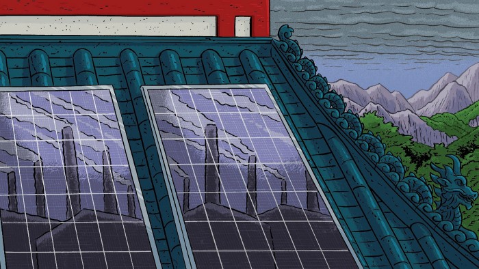 illustration of solar panels installed on a pagoda