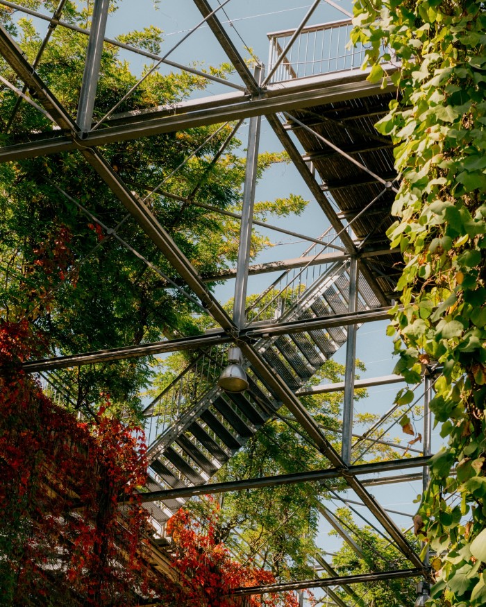 A staircase leading up to one of the structure’s upper storeys, surrounded by greenery