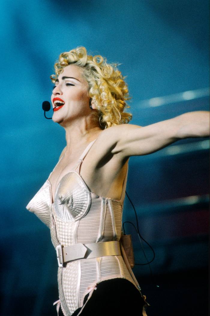 Madonna wears Jean Paul Gaultier on her Blond Ambition tour, 1990