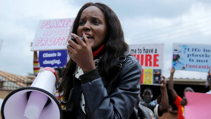 Vanessa Nakate addressing a demonstration by climate change activists in Kampala, Uganda