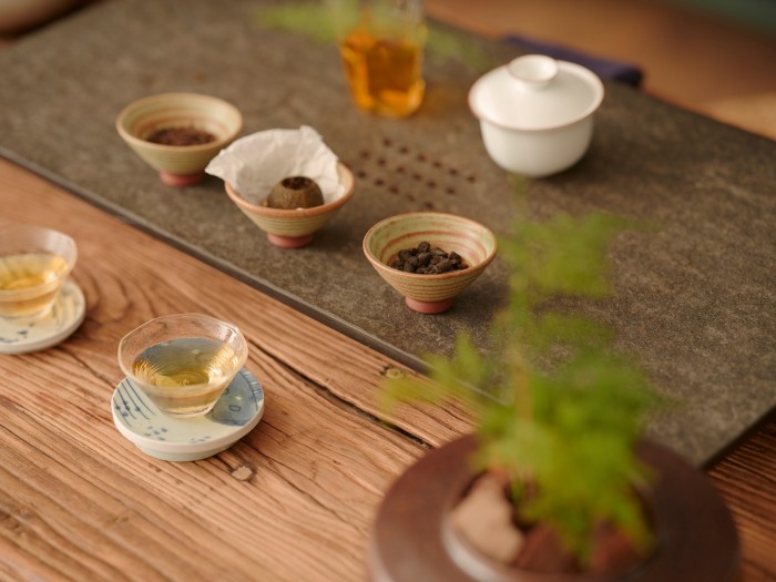 Tea samples and a cup of freshly brewed tea